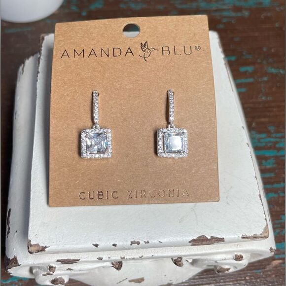 NEW! Square Halo Crystal Drop Earrings Silver Genuine Cubic Zirconia NWT - Picture 4 of 6